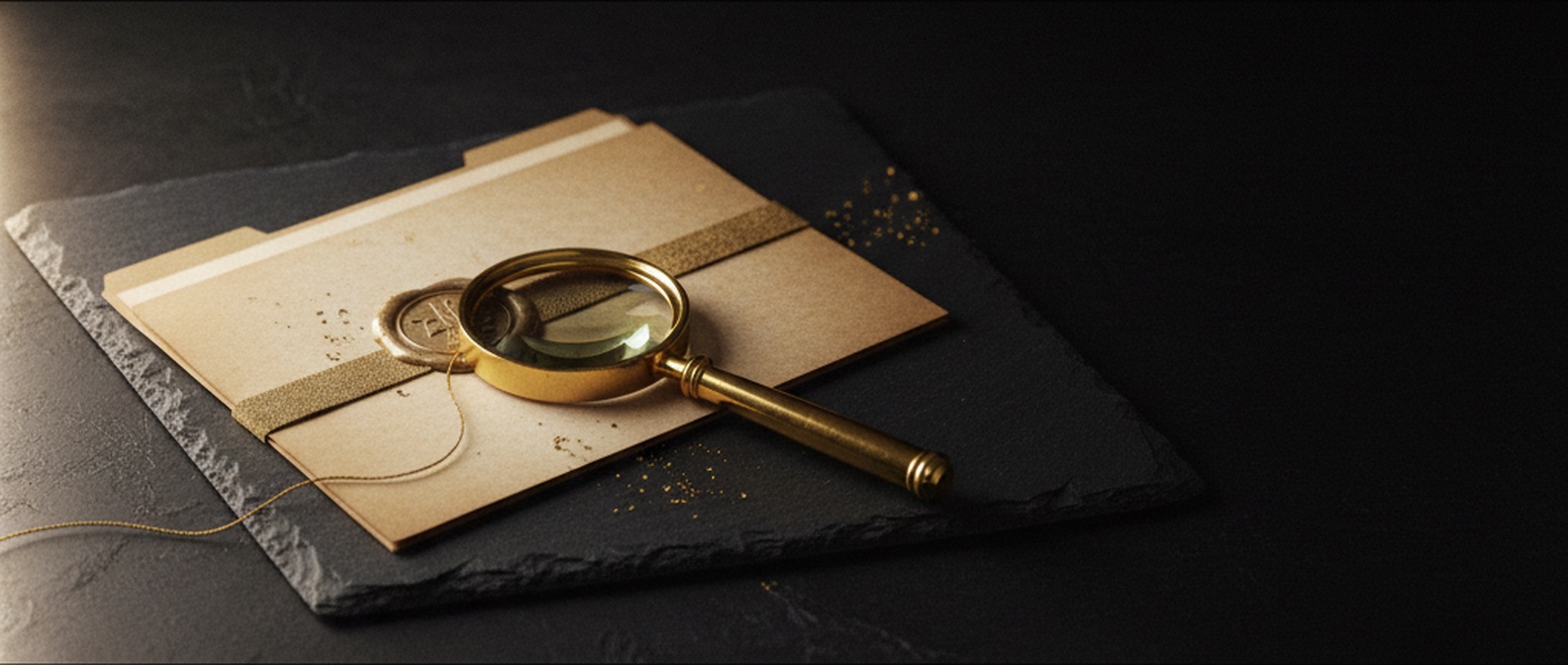 A sealed filing folder under a brass magnifier