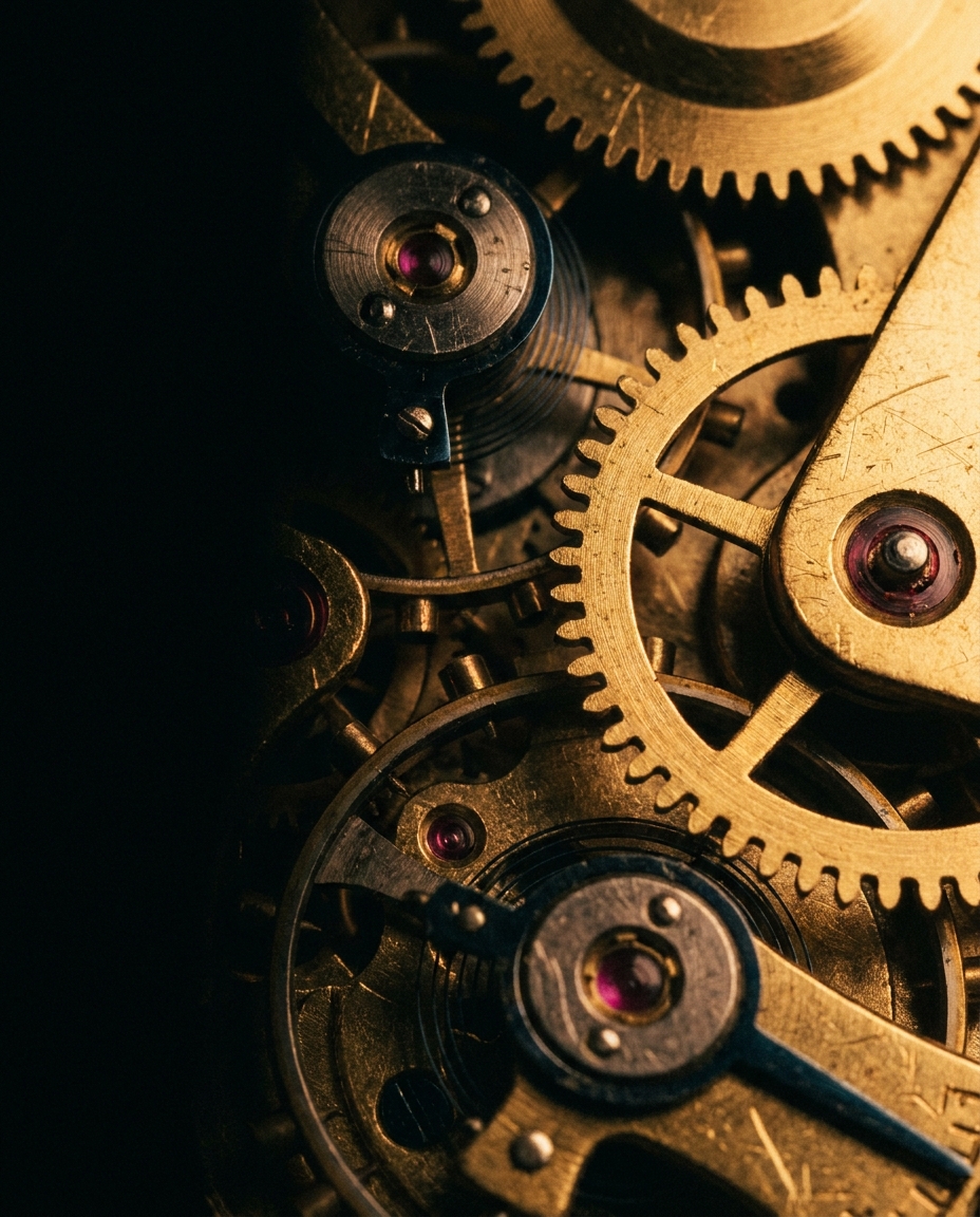 Brass clockwork gears meshing in darkness