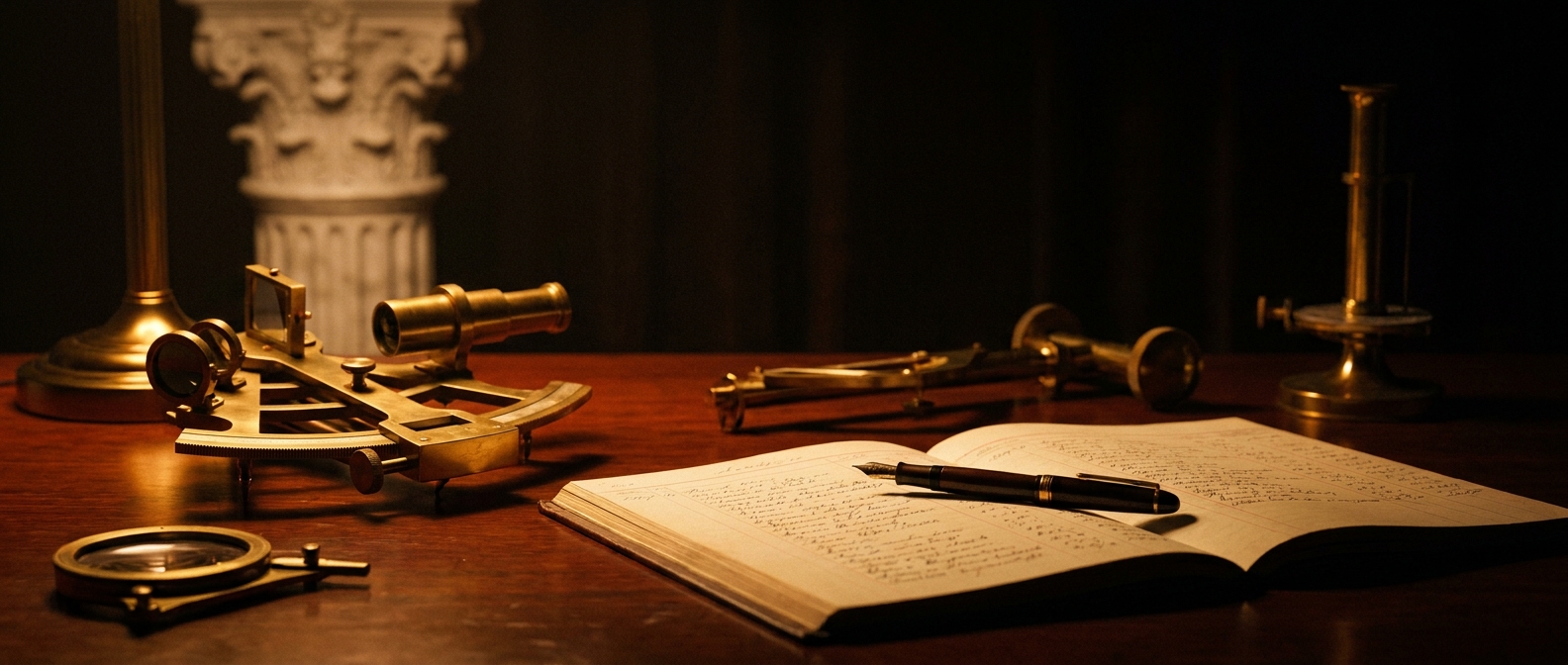 Ledger and brass instruments on a mahogany desk