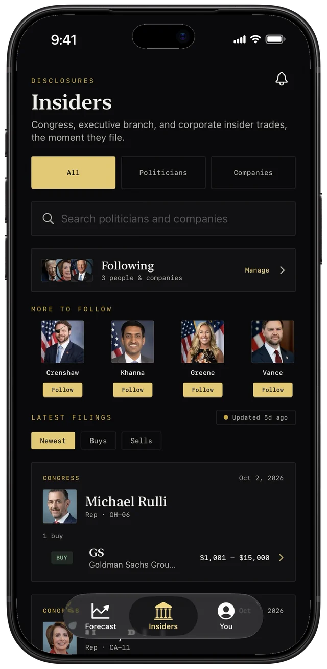 The Eltrove app on iPhone, showing the Insiders feed of congressional and insider trades